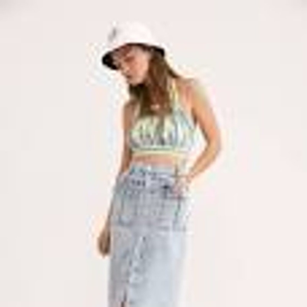 Free People Womens Light Wash Denim Midi Skirt SMALL Buttons Boho Cottage